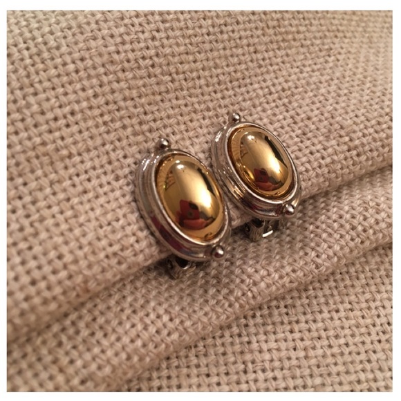 Silvertone Frame & Goldtone Center Clip Earrings - Picture 2 of 8